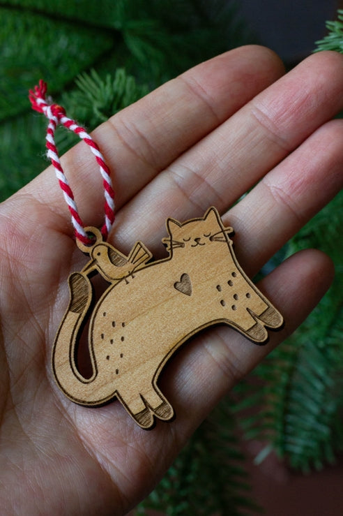 Bird Cat Mini Wood Ornament