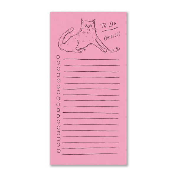 Pink notepad featuring cat and text that says "to do or else"
