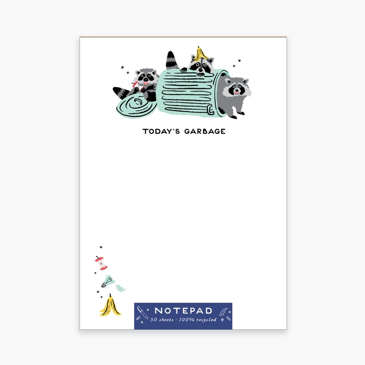 notepad featuring raccoons in trash can