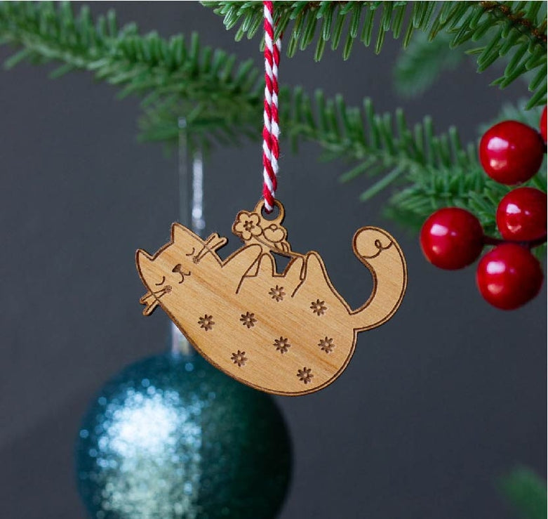 Floral Cat Mini Wood Ornament