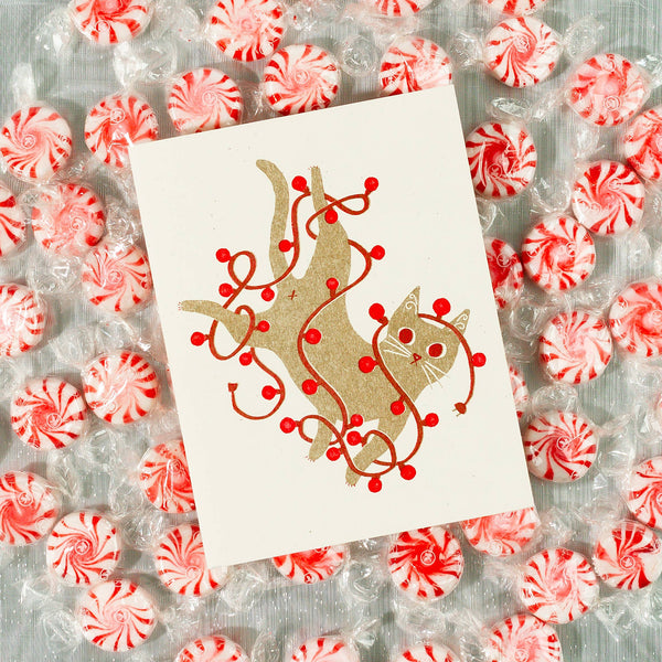 Tangled String Lights Holiday Cat Card