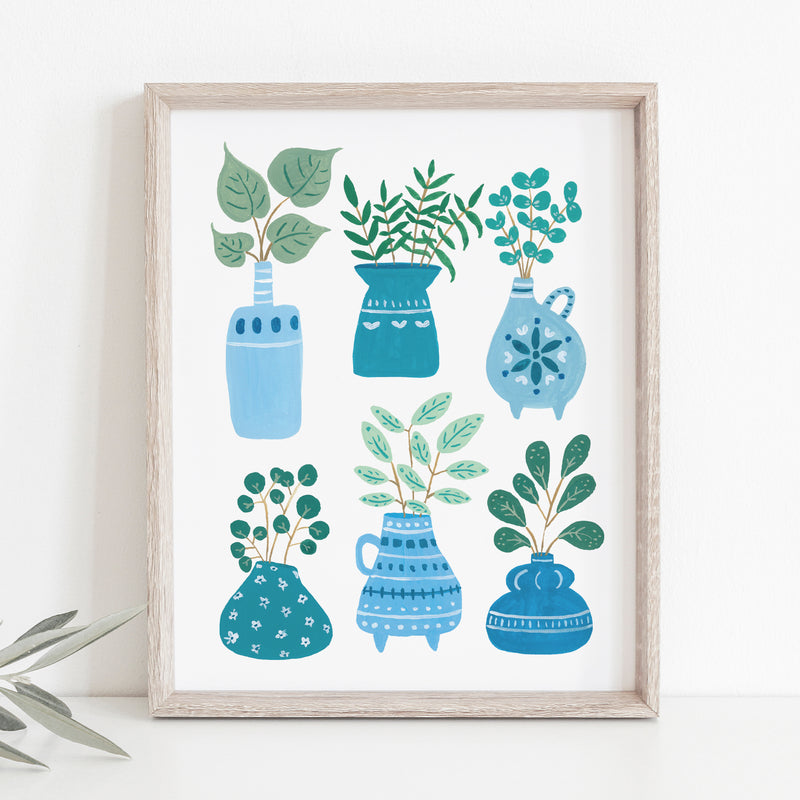 Blue Pots and Plants Art Print