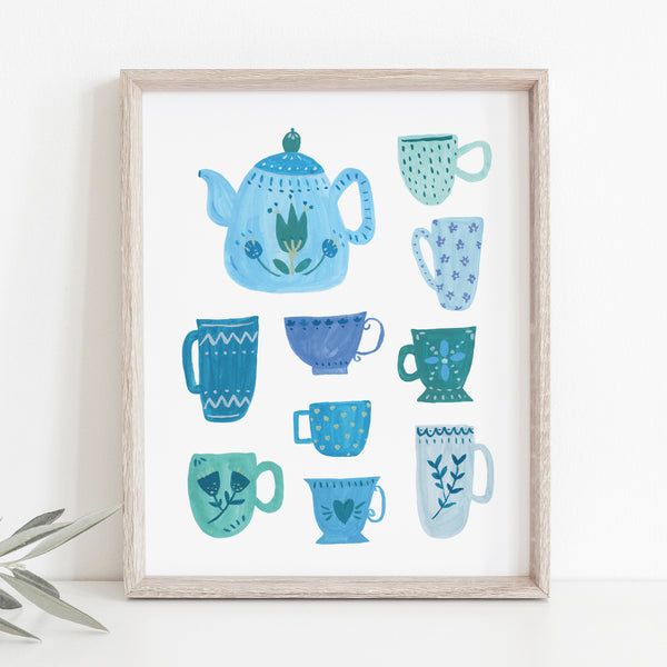 art print featuring blue tea cups and tea pot