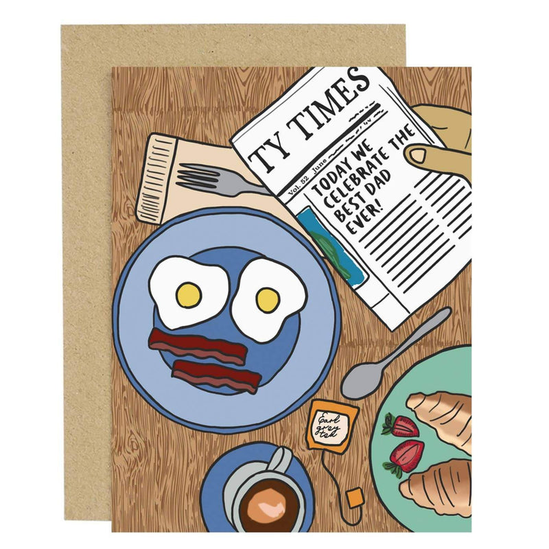 father's day card with newspaper and breakfast scene