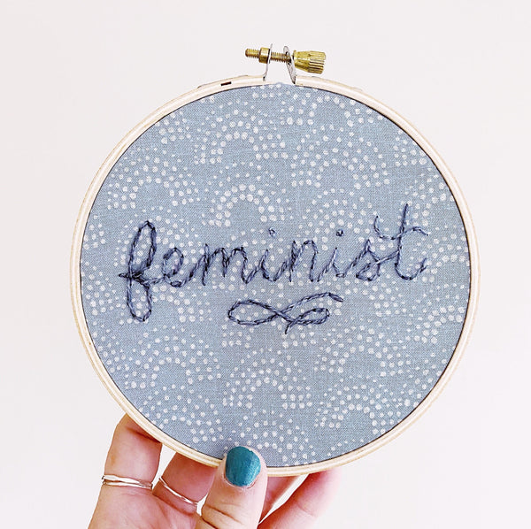 Feminist Embroidery Hoop - grey raindow