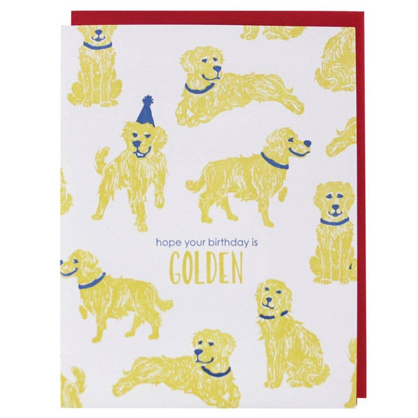 birthday card with golden retrievers and text that reads "hope your birthday is golden"