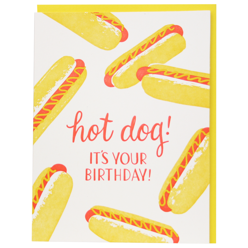 birthday card featuring hot dogs and text that reads "hot dog! it's your birthday!" 