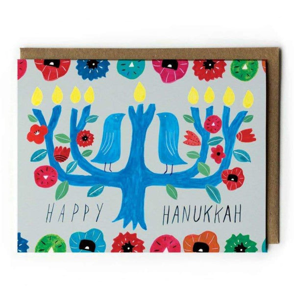Hanukkah card with menorah and birds