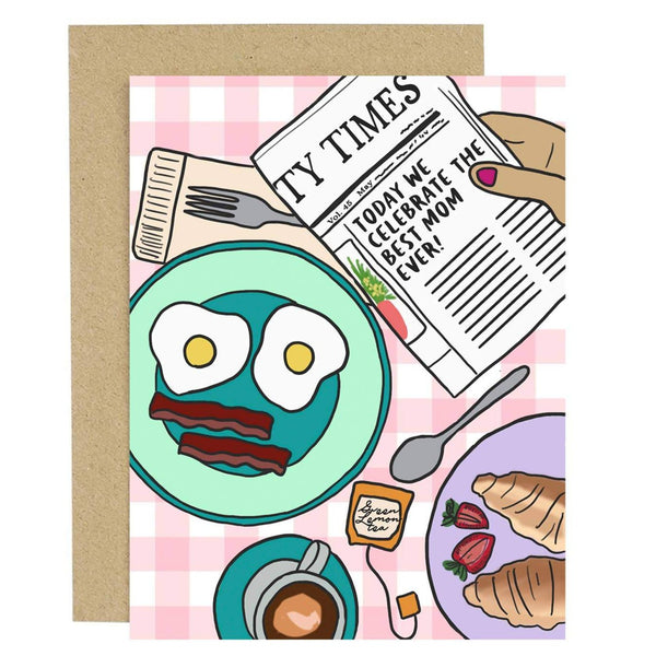 mother's day card with breakfast and newspaper scene