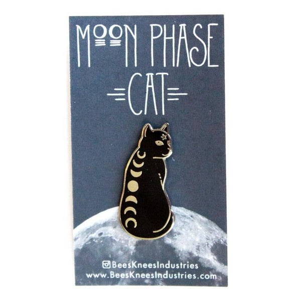Moon Phase Cat Pin - black and gold