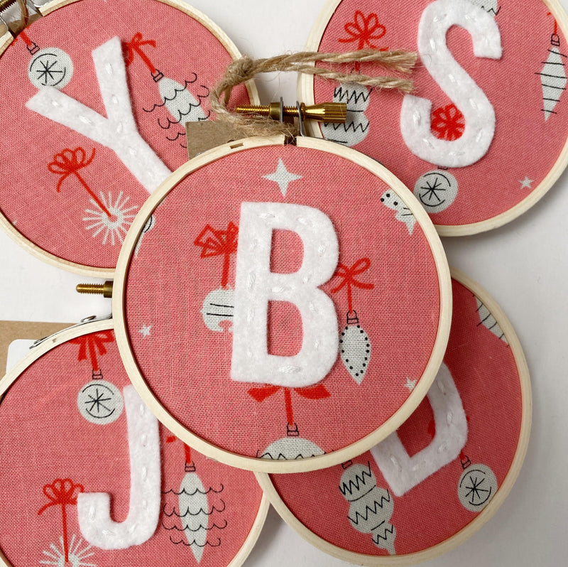 Initial Christmas Ornament - Retro Ornaments in Pink fabric with witer letter