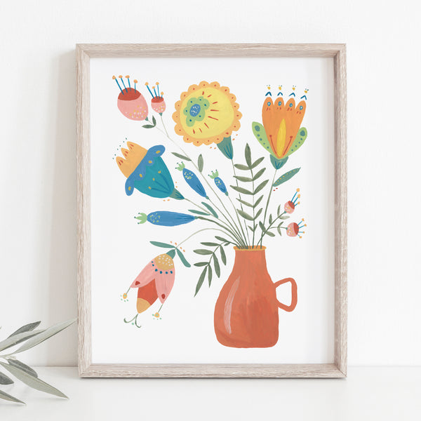 Red Jug and Folk Flowers 8x10 Art Print