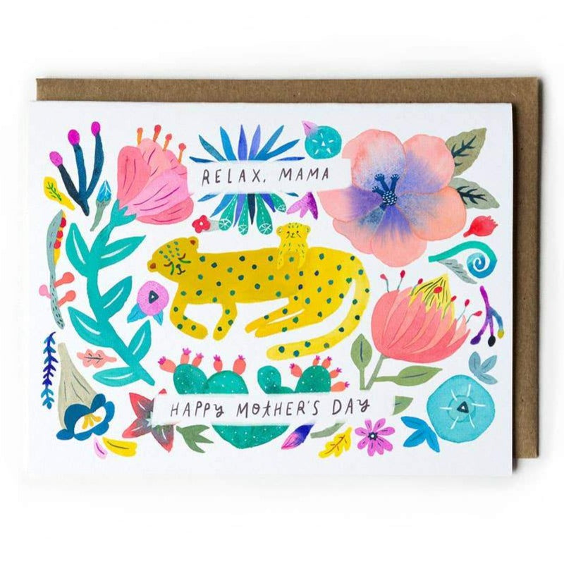 Relax mama card with flowers and cheetahs