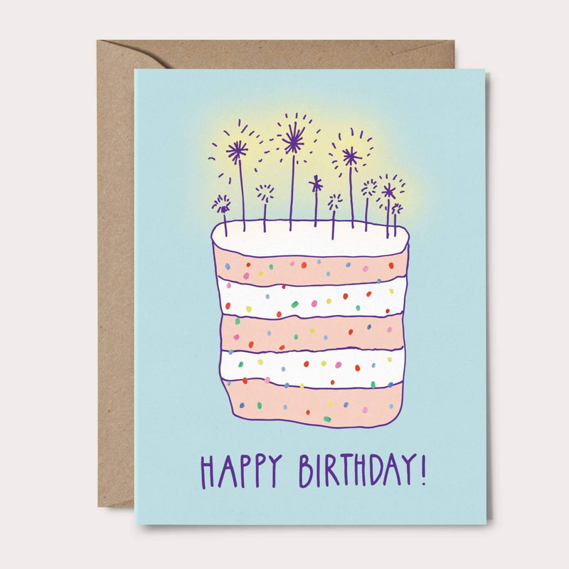 Birthday card with cake with sparklers on top