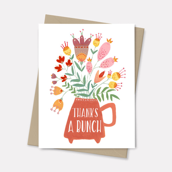 thank you card with red jug and bouquet of flowers