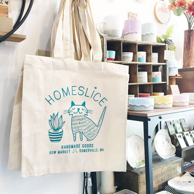 Homeslice Tote Bag - canvas with teal text