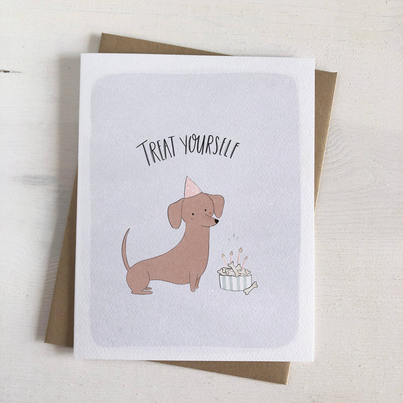 Treat Yourself Birthday Card with Dog in Party Hat