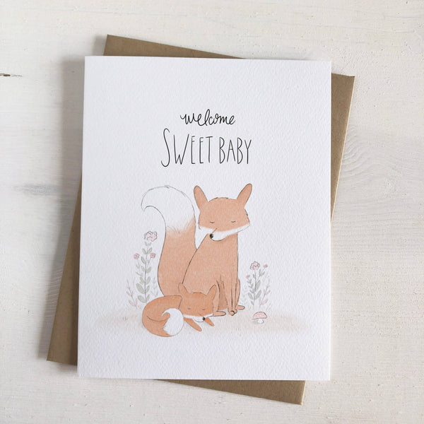 Welcome baby card with foxes